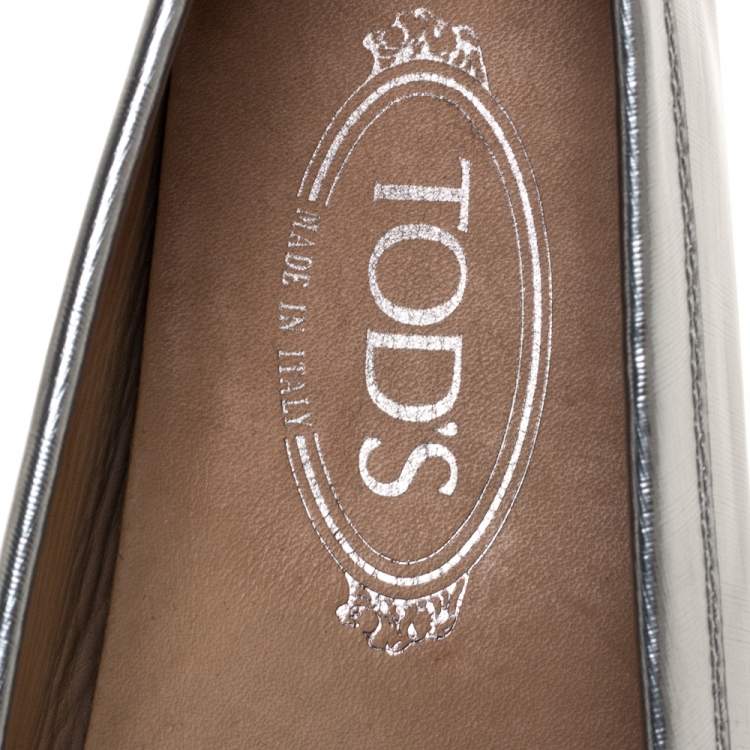 Pre Owned Tod's Metallic Silver Leather Penny Slip On Loafers Size 38