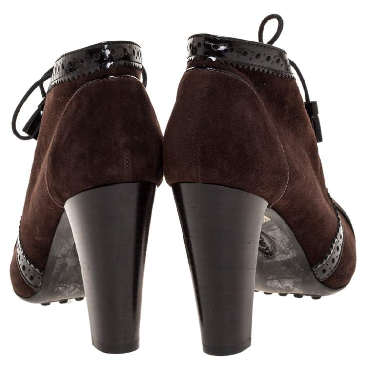 Pre Owned Tod's Brown Suede Leather Lace Up Ankle Booties Size 37