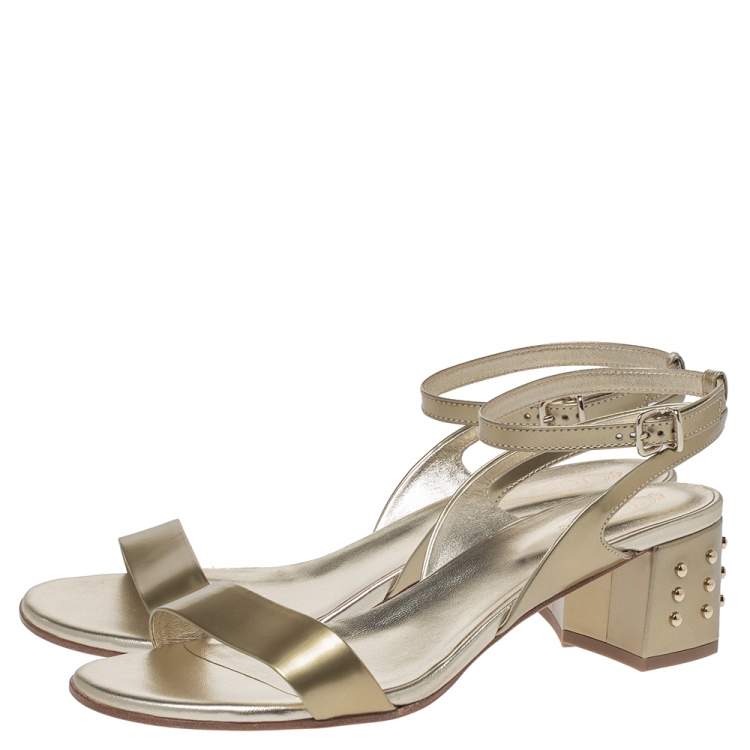 Pre Owned Tod's Gold Patent Leather Studded Block Heel Sandals Size 40