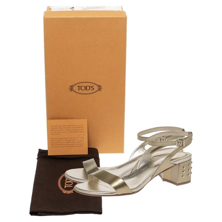 Pre Owned Tod's Gold Patent Leather Studded Block Heel Sandals Size 40