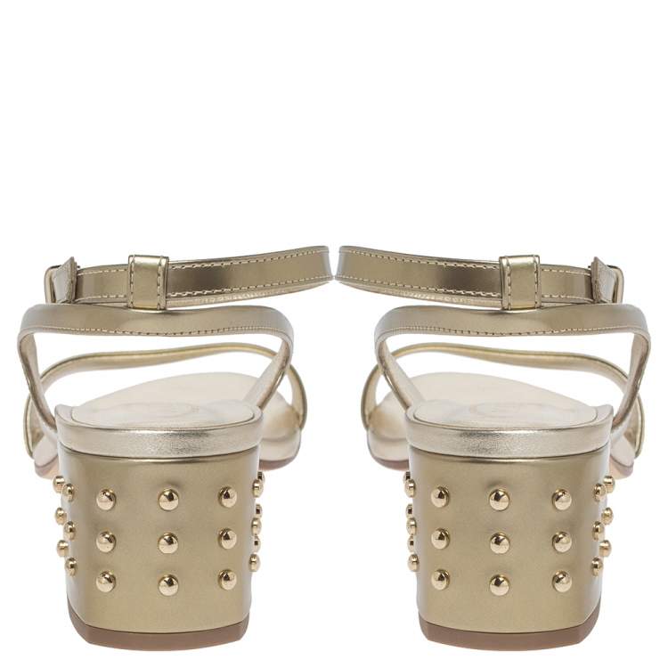 Pre Owned Tod's Gold Patent Leather Studded Block Heel Sandals Size 40