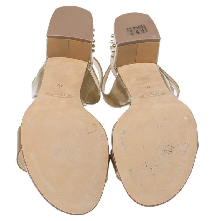 Pre Owned Tod's Gold Patent Leather Studded Block Heel Sandals Size 40