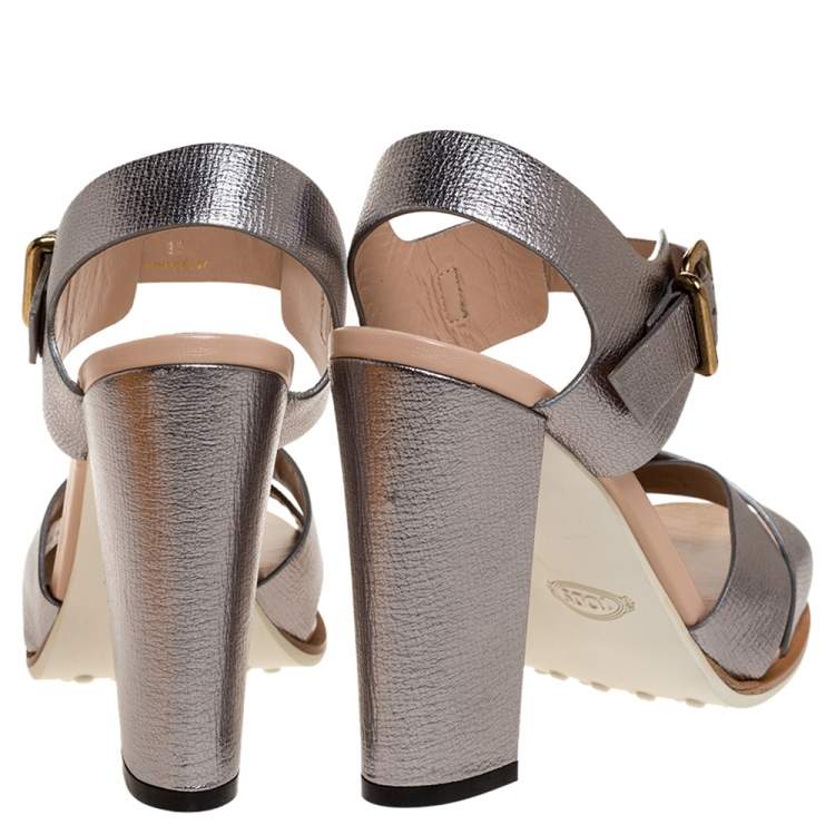 Pre Owned Tod's Silver Leather Platform Ankle Strap Sandals Size 37