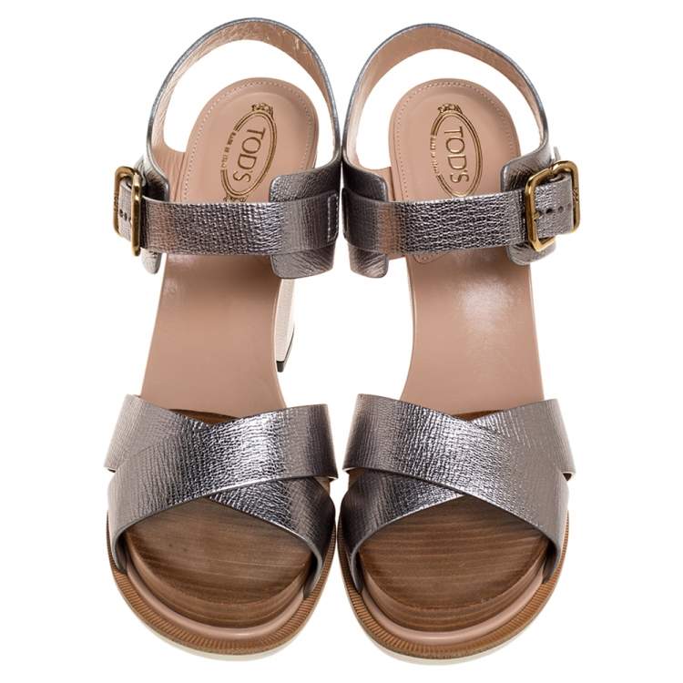 Pre Owned Tod's Silver Leather Platform Ankle Strap Sandals Size 37