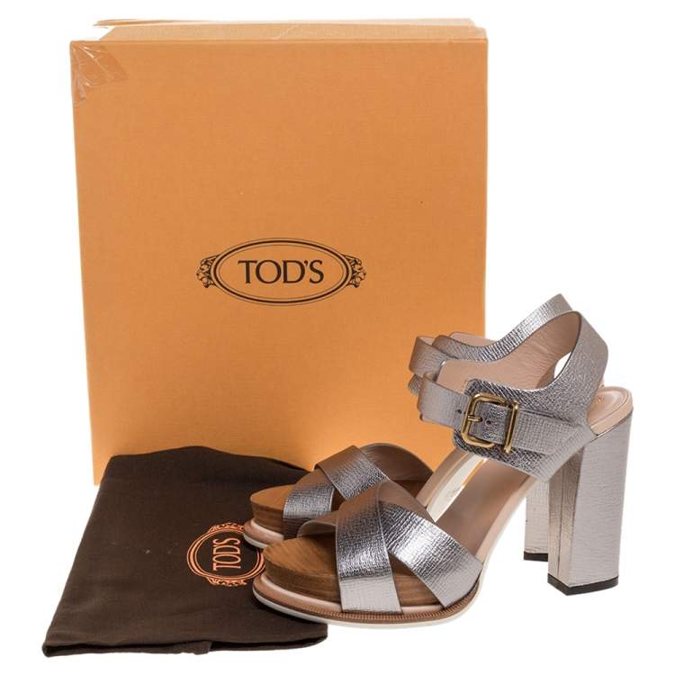 Pre Owned Tod's Silver Leather Platform Ankle Strap Sandals Size 37