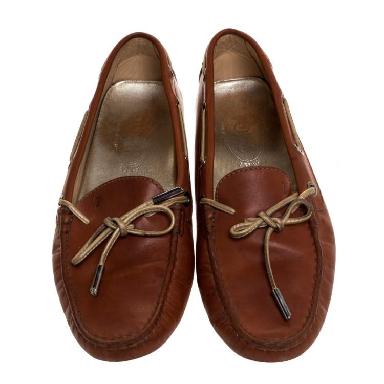 Pre Owned Tod's Brown Leather Bow Slip On Loafers Size 37.5