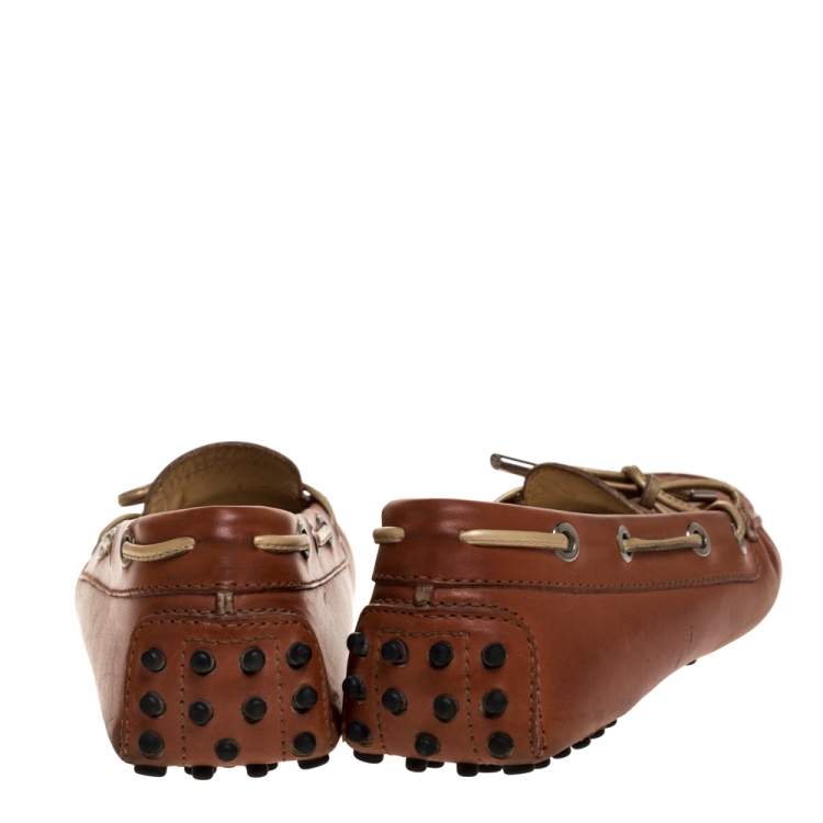 Pre Owned Tod's Brown Leather Bow Slip On Loafers Size 37.5