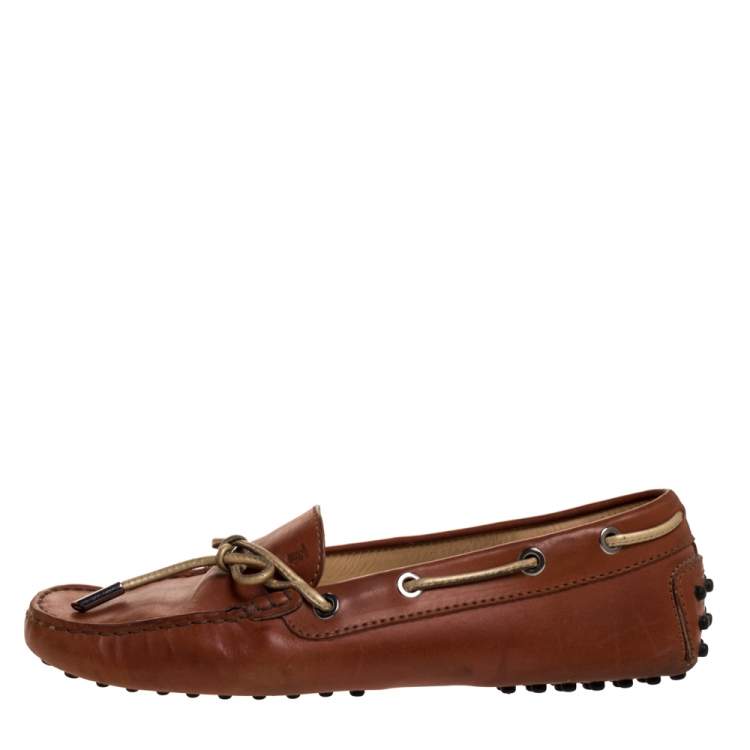 Pre Owned Tod's Brown Leather Bow Slip On Loafers Size 37.5