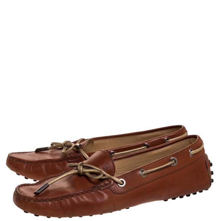 Pre Owned Tod's Brown Leather Bow Slip On Loafers Size 37.5