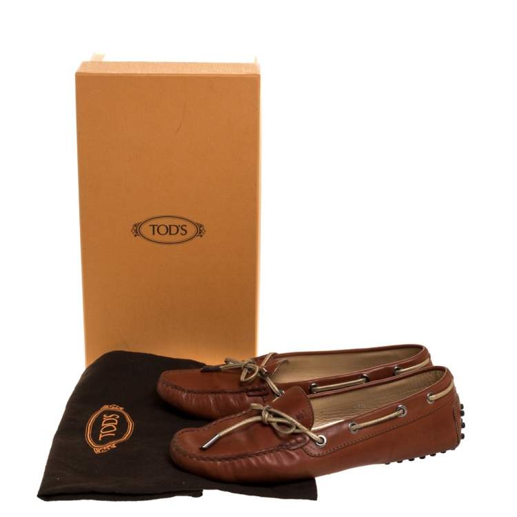 Pre Owned Tod's Brown Leather Bow Slip On Loafers Size 37.5