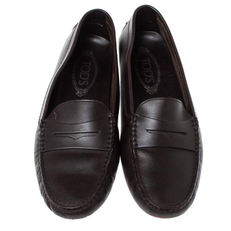 Pre Owned Tod's Brown Leather Penny Slip On Loafers Size 39.5