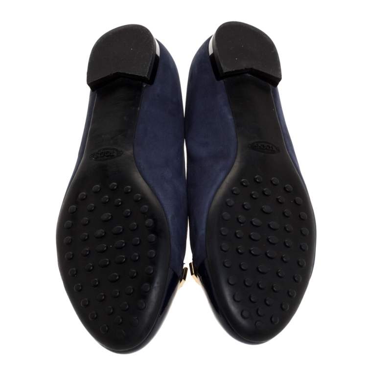مملوكة مسبقًا Tod's Navy Blue Suede and Patent Leather Cap Toe Buckle Ballet Flats Size 36.5