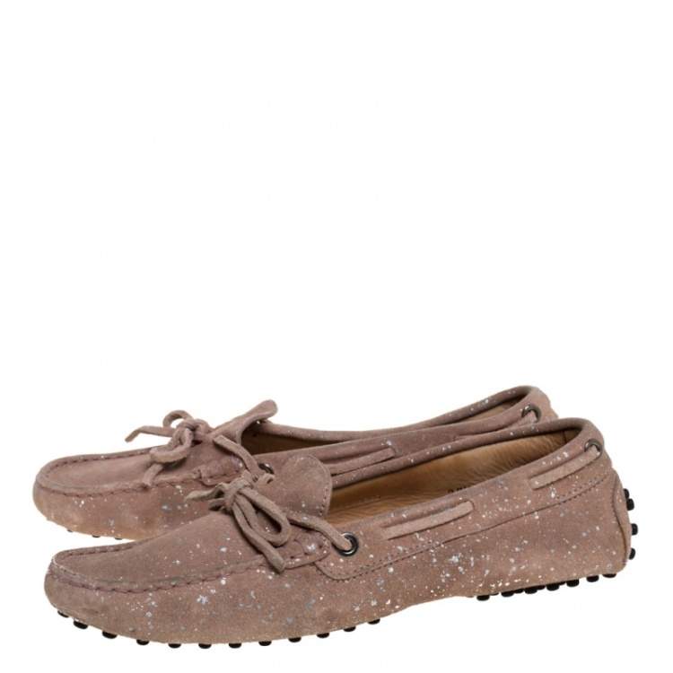 Pre Owned Tod's Pink Suede And Silver Paint Spot Bow Loafers Size 37.5