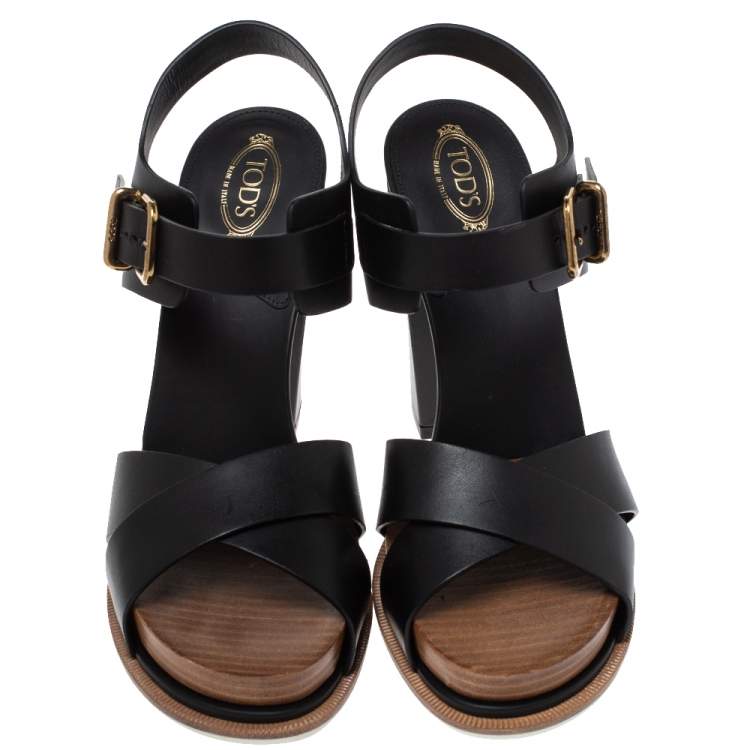 Pre Owned Tod's Black Leather Platform Ankle Strap Sandals Size 38.5