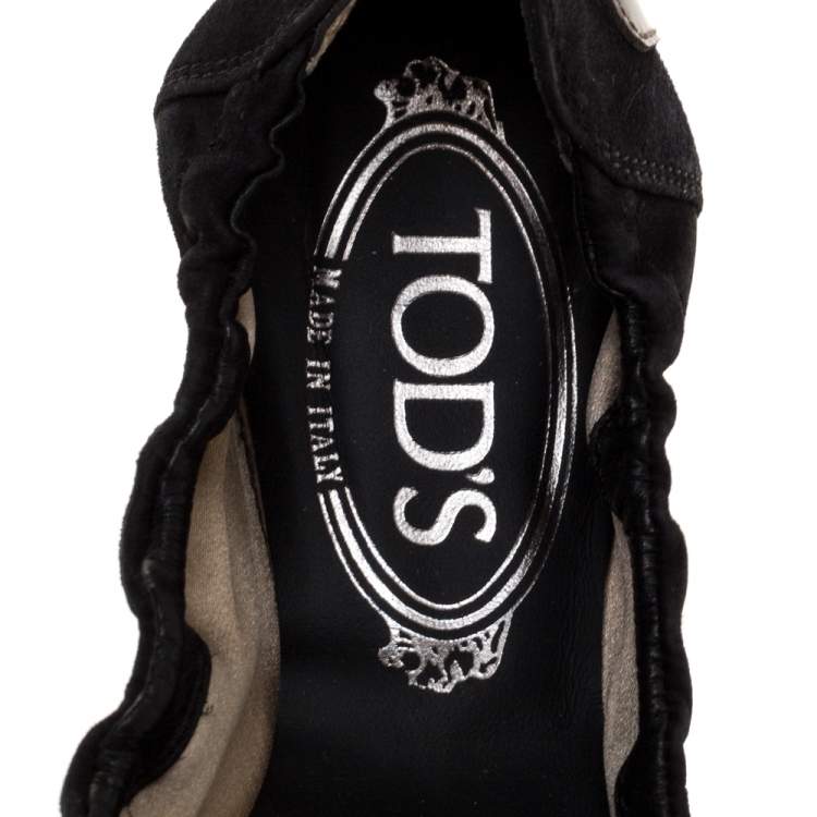 Pre Owned Tod's Black/Grey Leather and Suede Buckle Detail Scrunch Ballet Flats Size 36