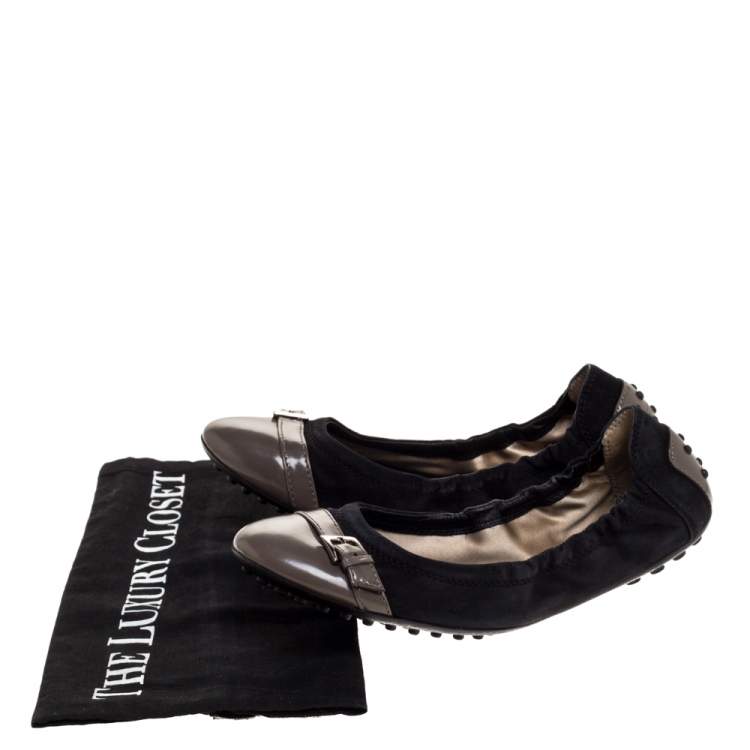 Pre Owned Tod's Black/Grey Leather and Suede Buckle Detail Scrunch Ballet Flats Size 36