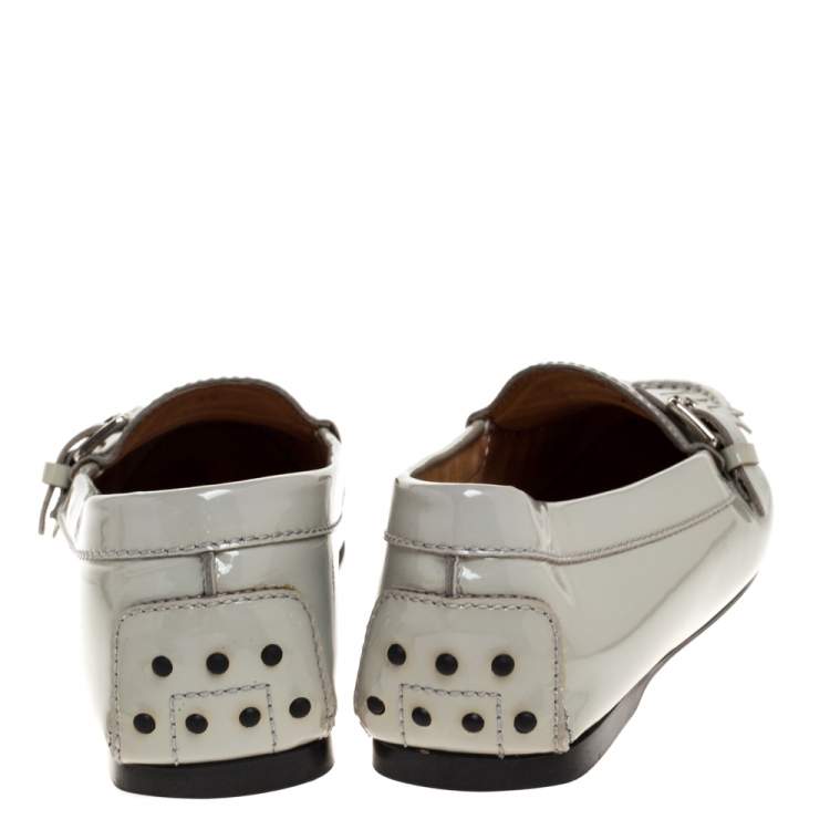 Pre Owned Tod's Grey Patent Leather Buckle Detail Fringe Loafers Size 39