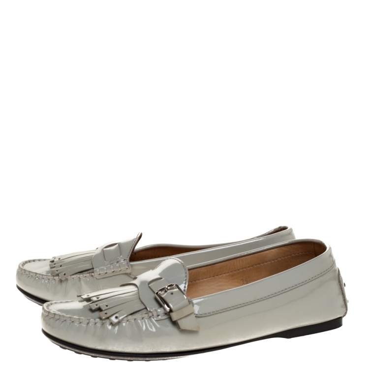 Pre Owned Tod's Grey Patent Leather Buckle Detail Fringe Loafers Size 39