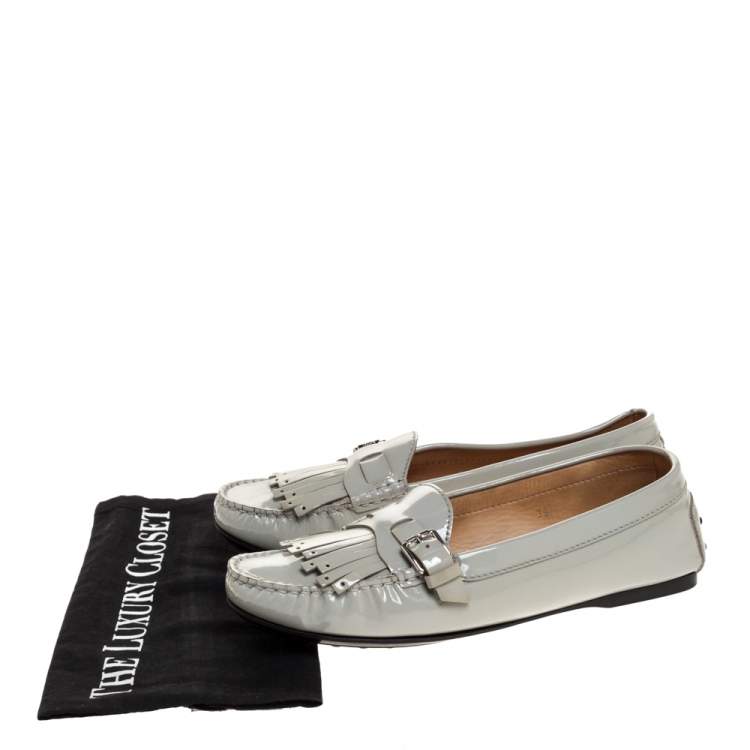 Pre Owned Tod's Grey Patent Leather Buckle Detail Fringe Loafers Size 39