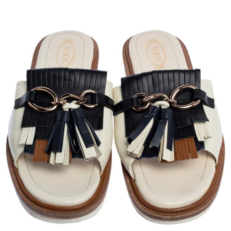 Pre Owned Tod's Multicolor Leather Fringe And Tassel Platform Slide Sandals Size 37.5