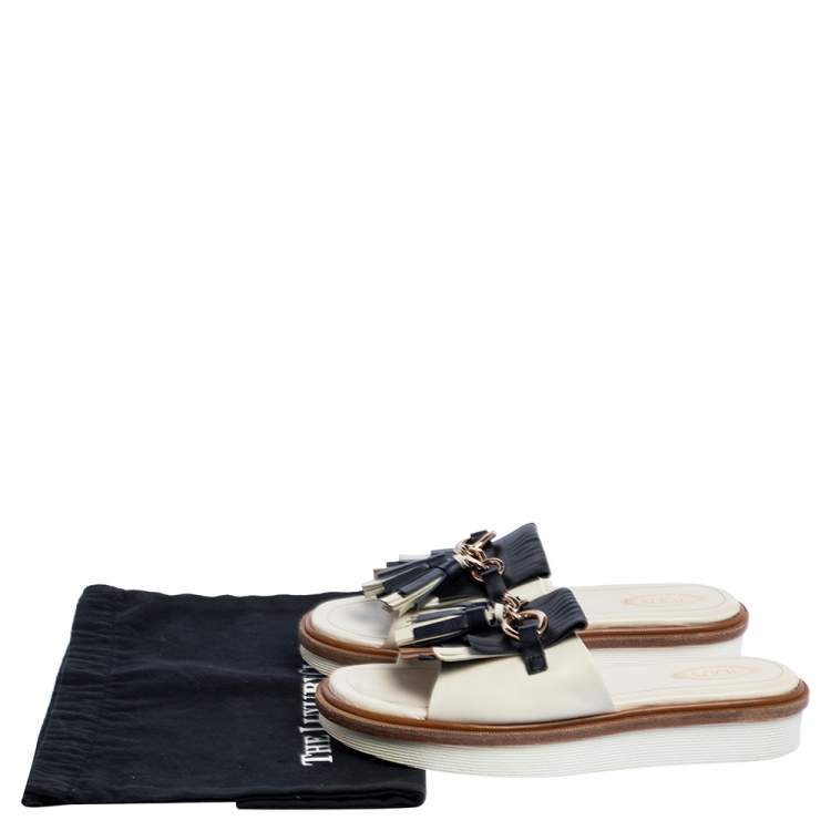 Pre Owned Tod's Multicolor Leather Fringe And Tassel Platform Slide Sandals Size 37.5