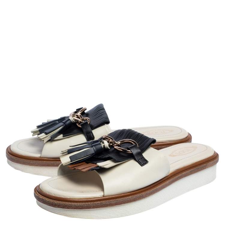 Pre Owned Tod's Multicolor Leather Fringe And Tassel Platform Slide Sandals Size 37.5