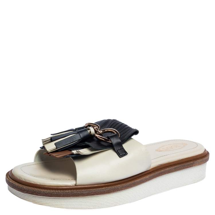 Pre Owned Tod's Multicolor Leather Fringe And Tassel Platform Slide Sandals Size 37.5