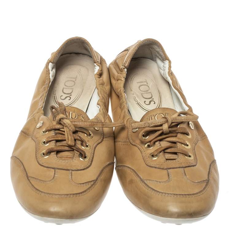 Pre Owned Tod's Tan Leather Lace Up Scrunch Low Top Sneakers Size 39