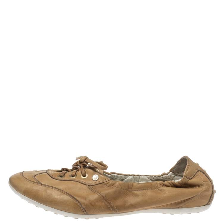 Pre Owned Tod's Tan Leather Lace Up Scrunch Low Top Sneakers Size 39
