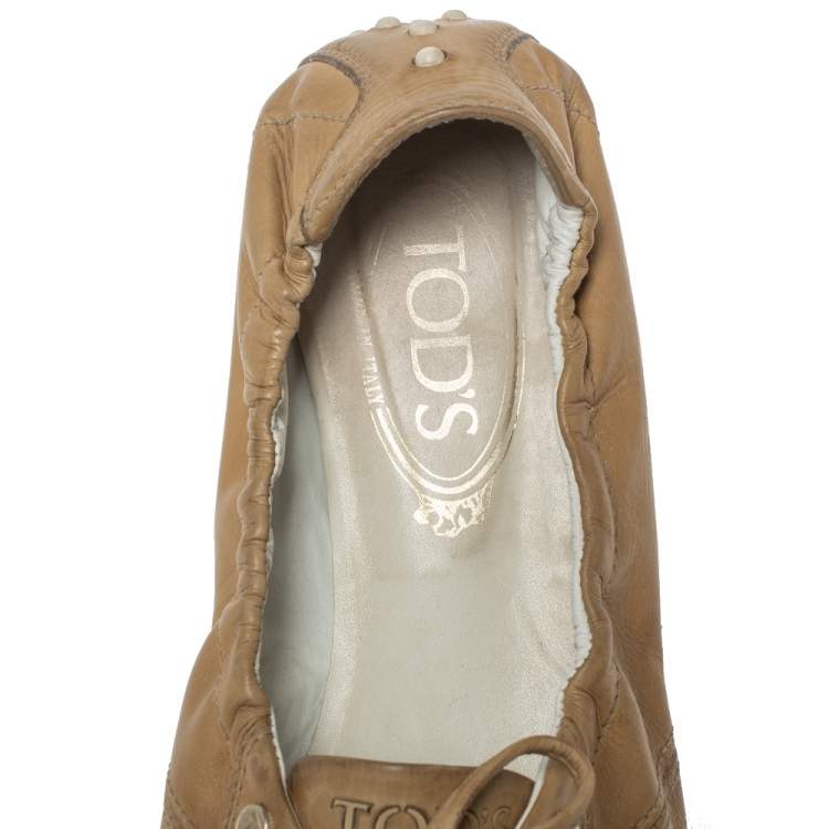 Pre Owned Tod's Tan Leather Lace Up Scrunch Low Top Sneakers Size 39