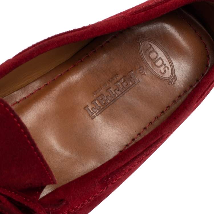Pre Owned Tod's For Ferrari Red Suede Bow Slip On Loafers Size 40.5