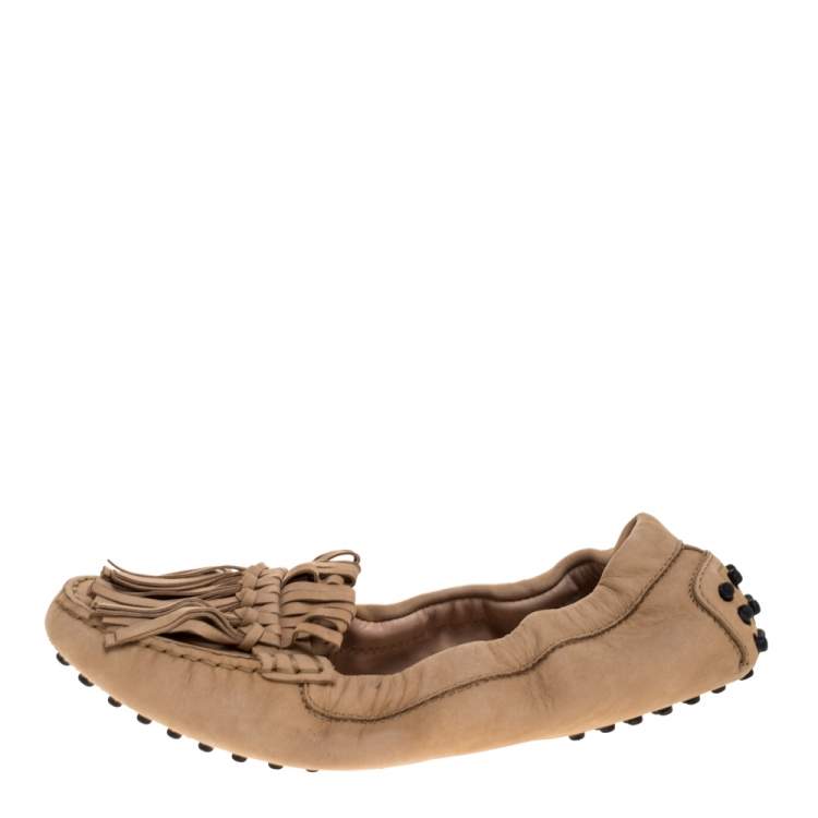 Pre Owned Tod's Beige Suede Fringe Detail Scrunch Loafers Size 37