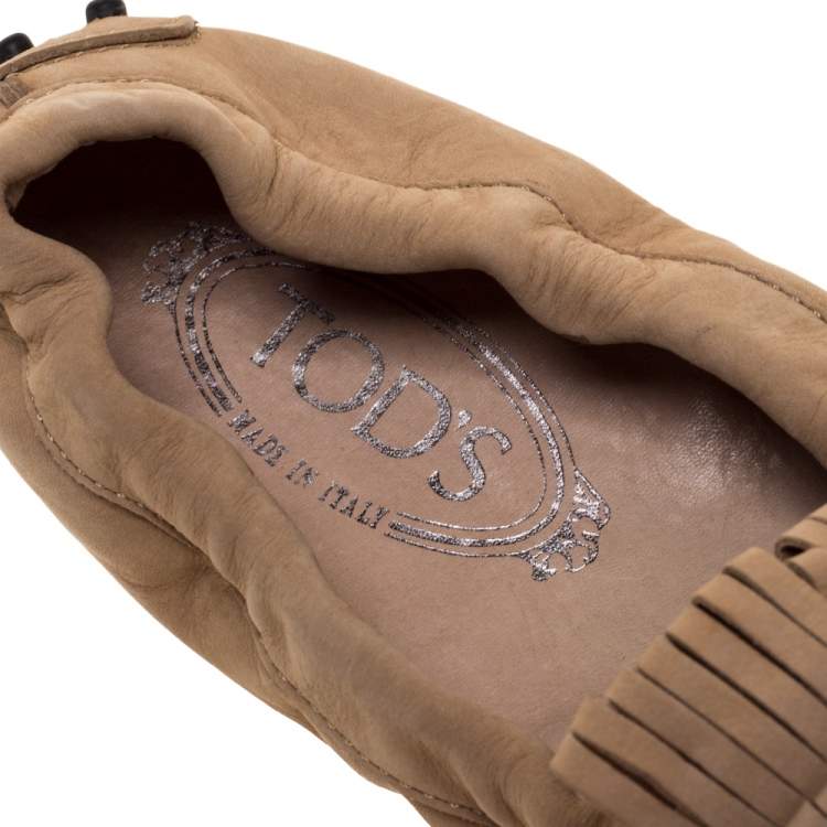Pre Owned Tod's Beige Suede Fringe Detail Scrunch Loafers Size 37