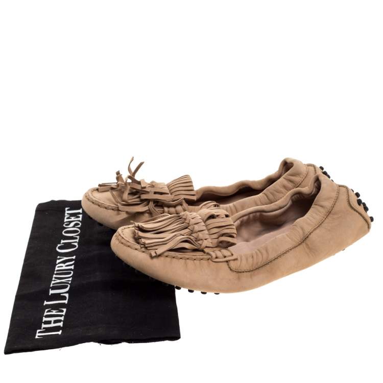 Pre Owned Tod's Beige Suede Fringe Detail Scrunch Loafers Size 37