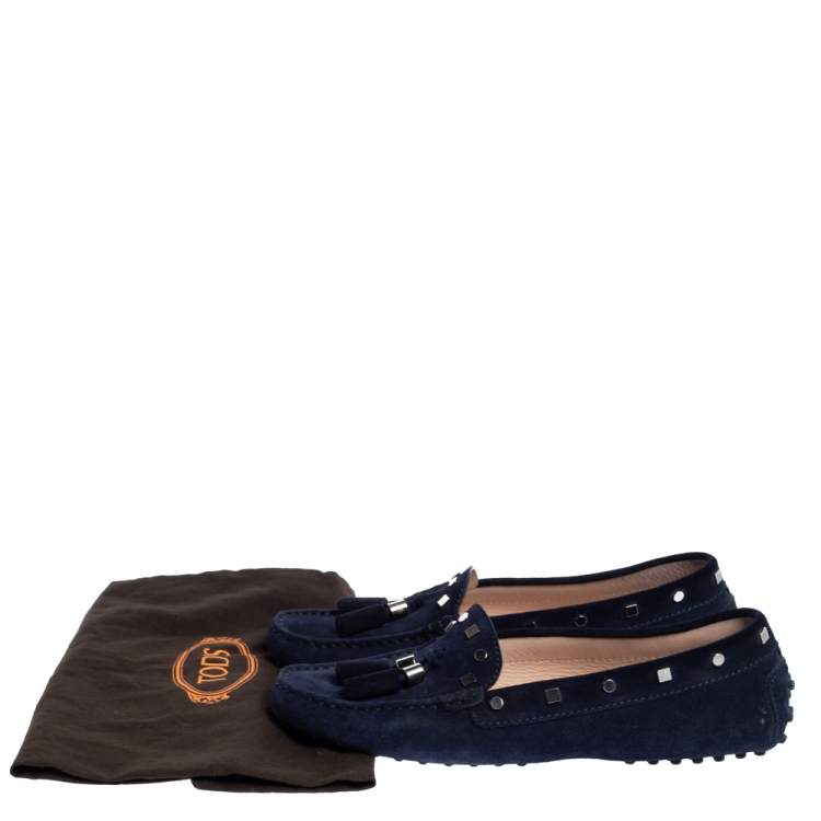 Pre Owned Tod's Navy Blue Suede Studded Loafers Size 37.5