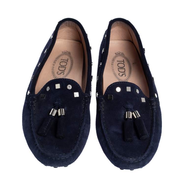 Pre Owned Tod's Navy Blue Suede Studded Loafers Size 37.5
