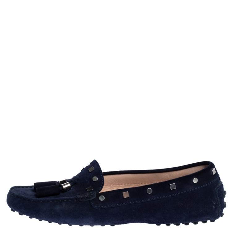 Pre Owned Tod's Navy Blue Suede Studded Loafers Size 37.5