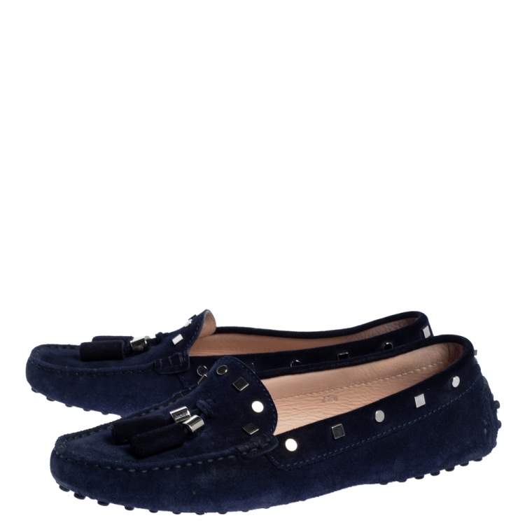 Pre Owned Tod's Navy Blue Suede Studded Loafers Size 37.5