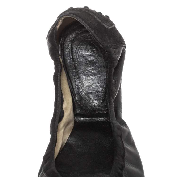 Pre Owned Tod's Black Leather, Patent And Suede Trim Cap Toe Buckle Scrunch Ballet Flats Size 38