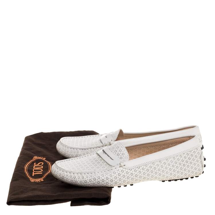Pre Owned Tod's White Laser Cut Leather Penny Loafers Size 38.5