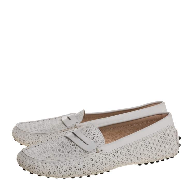 Pre Owned Tod's White Laser Cut Leather Penny Loafers Size 38.5
