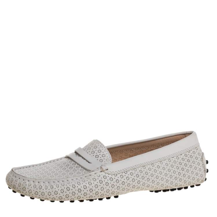 Pre Owned Tod's White Laser Cut Leather Penny Loafers Size 38.5