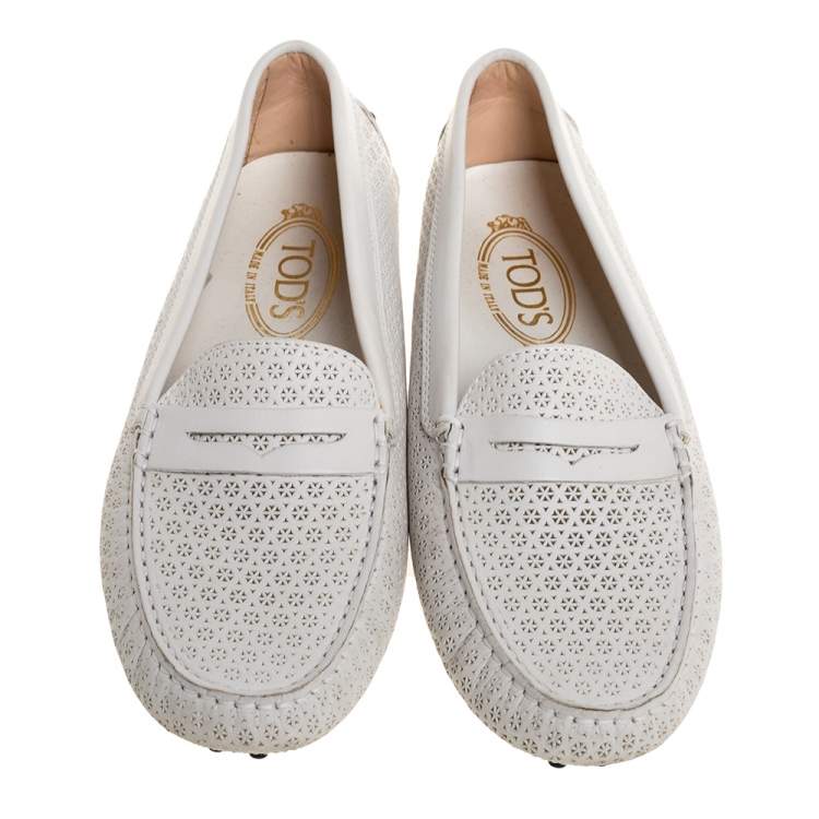 Pre Owned Tod's White Laser Cut Leather Penny Loafers Size 38.5