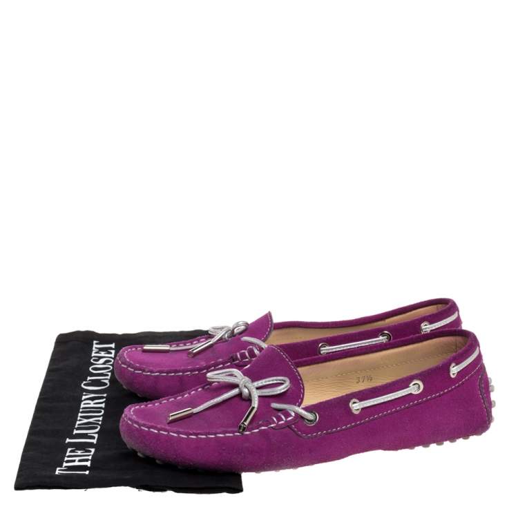 Pre Owned Tod's Fuschia Pink Suede Leather Bow Slip On Loafers Size 37.5