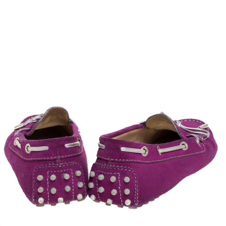 Pre Owned Tod's Fuschia Pink Suede Leather Bow Slip On Loafers Size 37.5