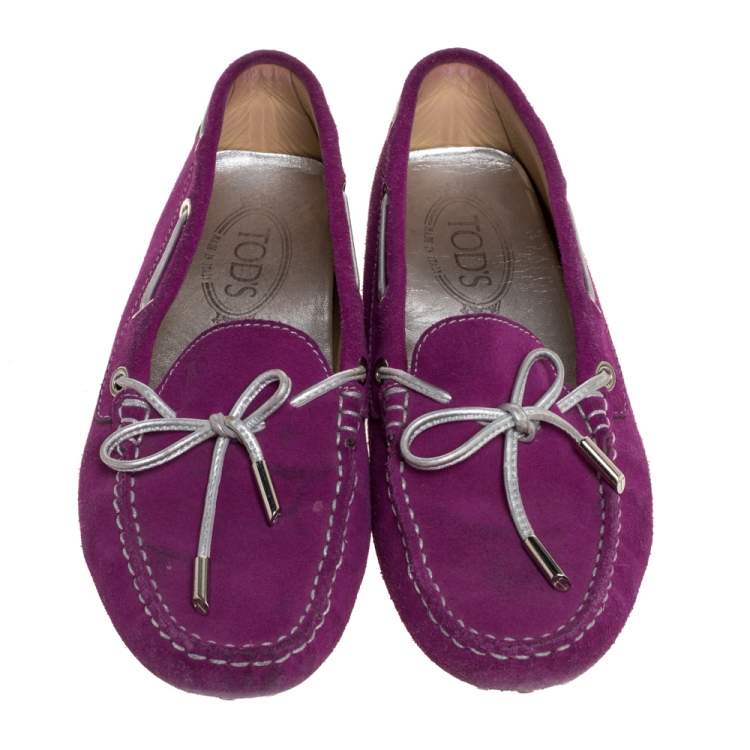 Pre Owned Tod's Fuschia Pink Suede Leather Bow Slip On Loafers Size 37.5