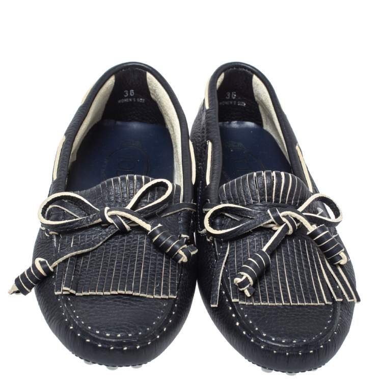 Pre Owned Tod's Blue Leather Bow Fringe Detail Slip On Loafers Size 36