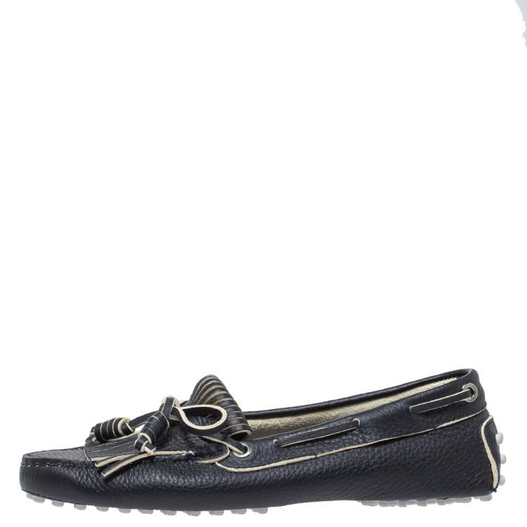 Pre Owned Tod's Blue Leather Bow Fringe Detail Slip On Loafers Size 36