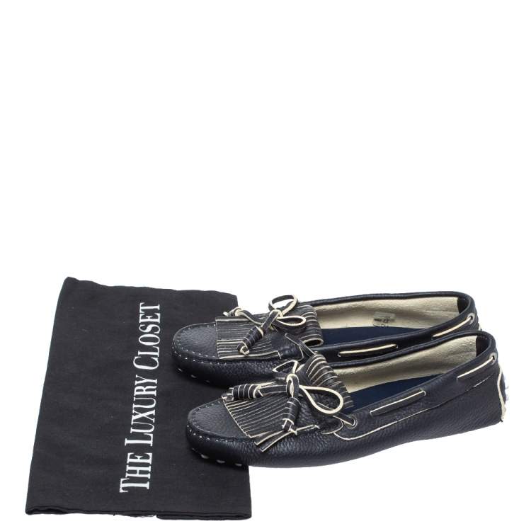 Pre Owned Tod's Blue Leather Bow Fringe Detail Slip On Loafers Size 36