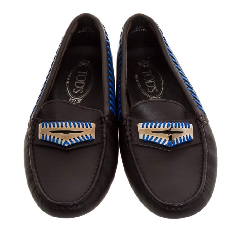 Pre Owned Tod's Brown Leather Whip Stitch Trim Detail Penny Loafers Size 38.5